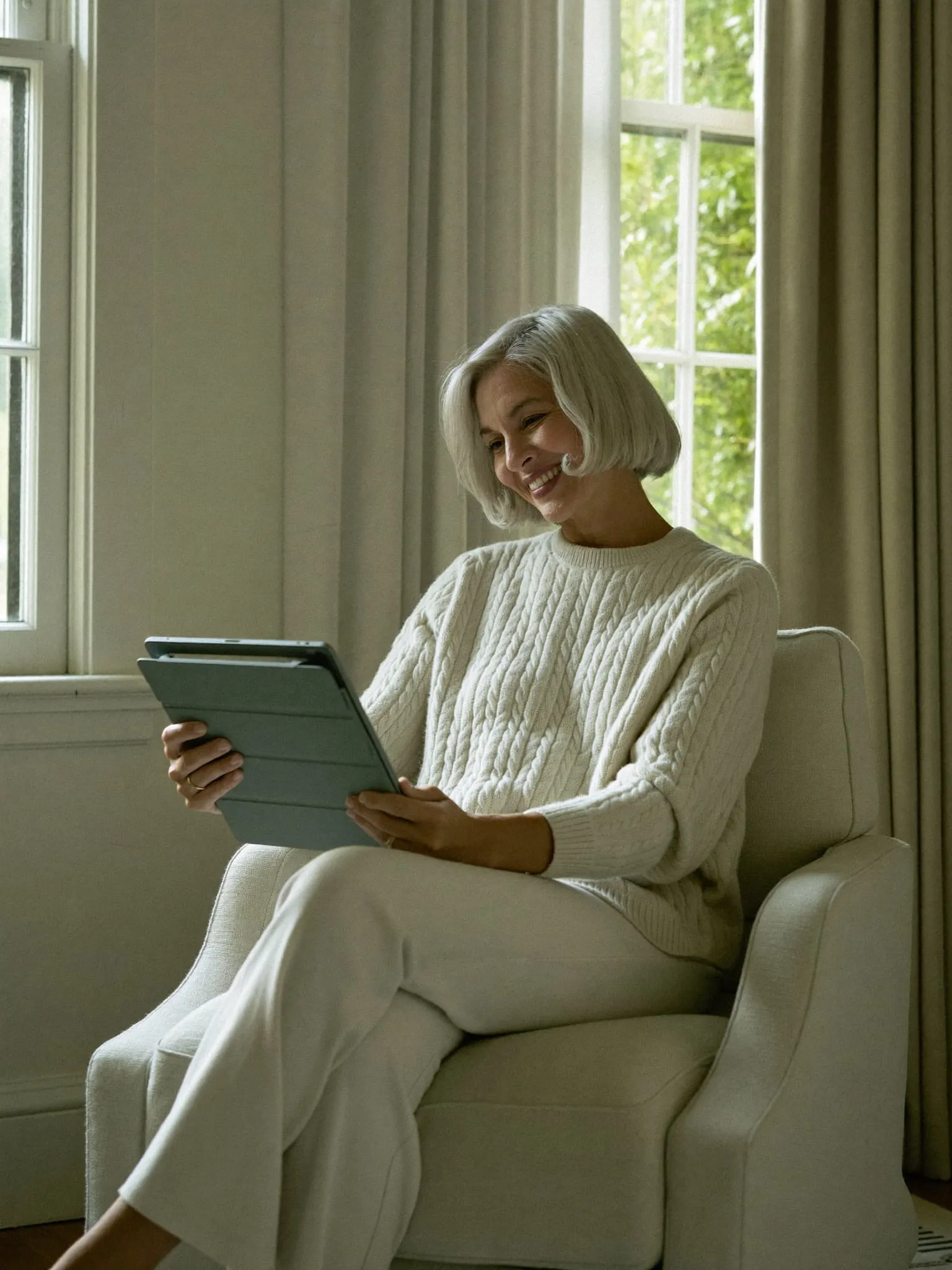 A woman at home by a sunlit window, smiling during a video visit on her tablet